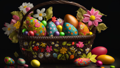 Fototapeta na wymiar Easter: Sharing the Joy and happy with a Beautifully Decorated Easter Basket Full of Colorful Eggs, ai generated.