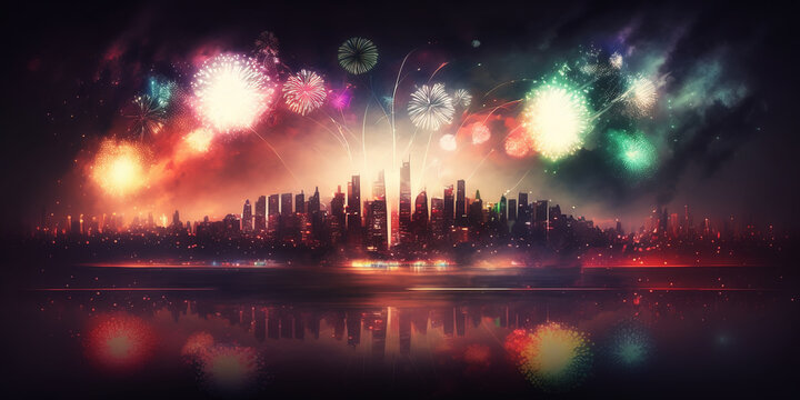 Fireworks at Holiday Night above Sity Landscape. AI generated Illustration.