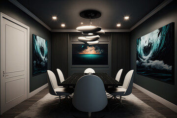 The beautiful, contemporary interior of the office, meeting, or conference room, with modern artwork on the wall.  Luxurious design with desks, chairs, laptops, lighting, and lots of natural light