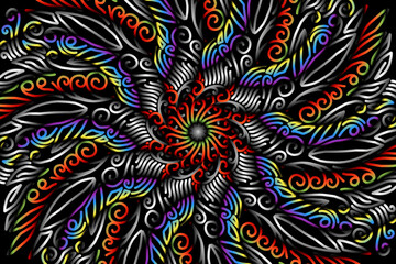 Fototapeta premium Beautiful caleidoscope symmetrical colourful gradient flowers line art of traditional abstract symbol batik dayak ornament design template elements