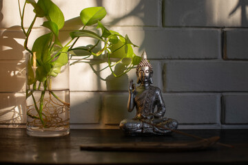 Fototapeta na wymiar Small ornamental sculpture of Buddha on a piece of furniture and next to a vase with plants inside 4