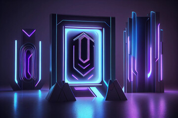 Blue and Purple Neon Lights in a Futuristic Sci-Fi Abstract Background, generative ai