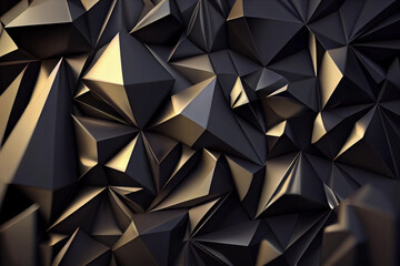 Black Crystals Backdrop with Low Poly Triangles Mosaic and Modern Polygonal Shapes Background for High-Tech Concept, generative ai