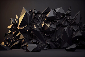 High-Tech Polygonal Shapes Background with Low Poly Triangles Mosaic and Black Crystals Backdrop, generative ai