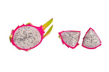 dragonfruit with half and slice isolated on white background