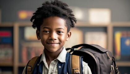 Fototapeta A Handsome Smiling, Happy, Young African American School Boy. Black Student Wearing a Polo Shirt With a Backpack in the School Library. Generative AI. obraz