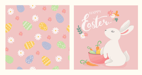 Seamless pattern with easter eggs and flowers on pink background. Easter bunny sitting with easter eggs and carrots on pink background. Vector illustration set in flat style. Pattern in swatches.