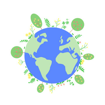 A picture of a healthy earth with plants and fruit trees and flowers and sprouts growing