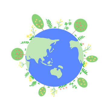 A picture of a healthy earth with plants and fruit trees and flowers and sprouts growing