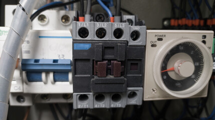 Fototapeta na wymiar Timer control circuit with contactor for control machine on the electric power panel.