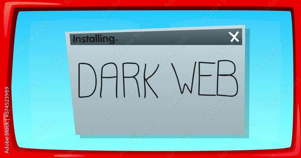 Poster Abstract cartoon screen with the Dark Web text in an install window. Computer Software. Video message of a screen displaying an installation window.