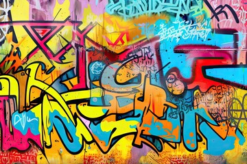 Vibrant colors come alive in this street art mural, expressing the artists creativity through a mix of text and graffiti. Full Frame, Generative AI