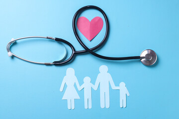 Family insurance and medical care concept. Flat lay with heart shape, stethoscope and family figure. 