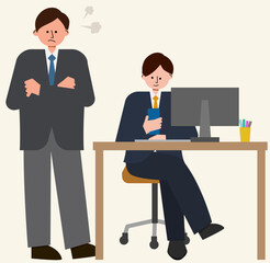 新入社員の男性が仕事をサボっていて先輩社員が怒っているイラスト