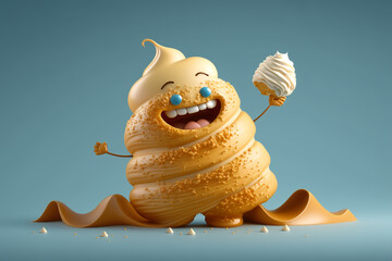 3D render cute and happy croissant cartoon character. Generative AI 