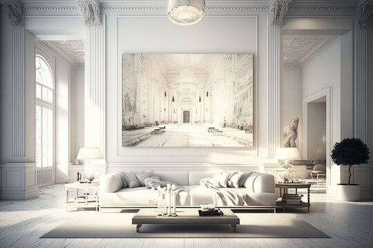 The beautiful, contemporary white interior of a living room, dining room, restaurant, hotel, banquet hall, spa or lounge with big windows, luxurious furniture and artwork