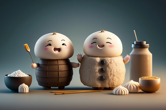 3D render cute and happy dim sum cartoon character. Generative AI