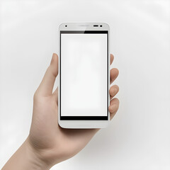 Female hand holding white mobile phone against white background