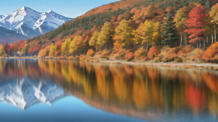 紅葉した木々と反射する湖畔　秋　もみじ　美しい風景