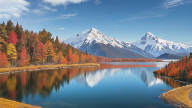 紅葉した木々と反射する湖畔　秋　もみじ　美しい風景