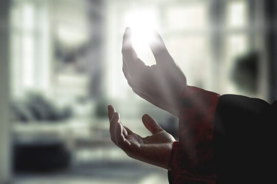 Hand prayer to god in church, faith, religion concept
