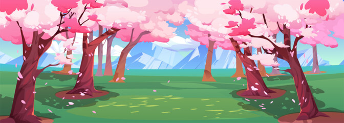 Japanese cherry trees and white mountains on horizon. Spring landscape of garden or park with sakura trees with pink flowers, green grass and rocks, vector cartoon illustration © klyaksun