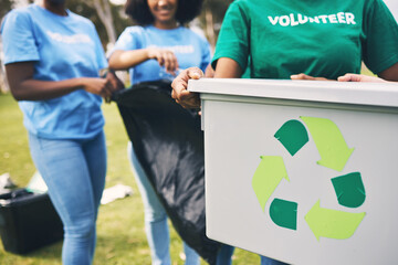 Recycle bin, volunteer group and community park cleaning outdoor for eco friendly and...