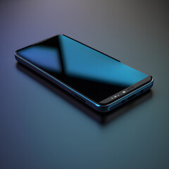 Modern black smart phone lies on a smooth dark blue surface or table in perspective view