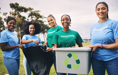 Young people, recycling and volunteer portrait of group doing outdoor waste and garbage cleaning....
