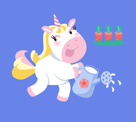 Cute isolated unicorn waters flowers in garden from leek. Cartoon character animal horse for design. Vector illustration. 