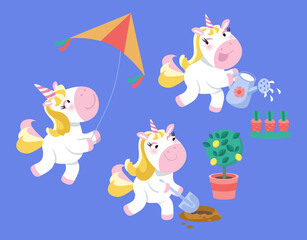 Cute isolated set of unicorns in garden. Horses dig, water the flowers and play with kite. Cartoon animal characters for design. Vector illustration.