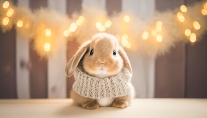 Easter Bunny Rabbit with a scarf. Pink and yellow pastel colors. Happy Easter 2023. Illustration car idea created with Generative AI.