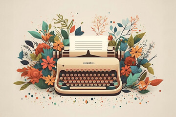vintage typewriter with flowers - obrazy, fototapety, plakaty