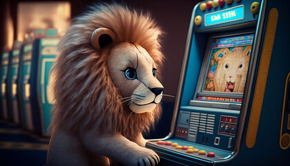 Obraz na płótnie Canvas Lion cub playing on machine 