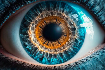 Realistic and abstract image of human eye with colorful ink splash effects. Galaxy in universe, burst creativity, fantasy concept. Made with Generative AI