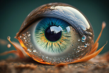 Abstract illustration of an eyeball bud opened in mysterious mood. Eyeball sphere fulfilled with water and uncanny shining. Macro science, green environment and deep sea mystic fantasy concept - obrazy, fototapety, plakaty
