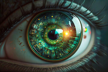 Human eye sees future. Cyberpunk, metaverse and future prediction concept. Made with Generative AI - obrazy, fototapety, plakaty