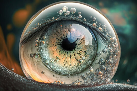 Abstract illustration of a mysterious wet eyeball sphere. Eyeball sphere fulfilled with water and uncanny shining. Macro science, dark ritual and mystic fantasy concept