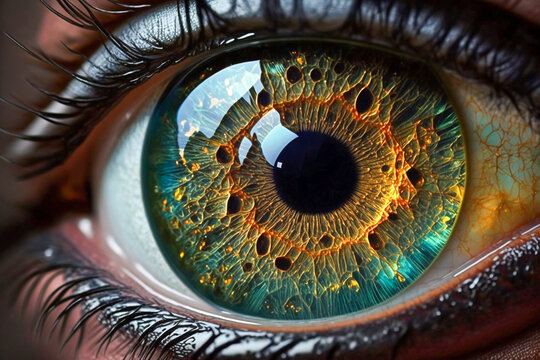 Realistic and abstract image of human eye with colorful ink splash effects. Galaxy in universe, burst creativity, fantasy concept. Made with Generative AI