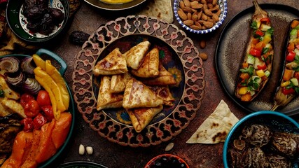 A plate of fried samosa. Indian holiday dinner. Authentic local homemade traditional meals in traditional dishes