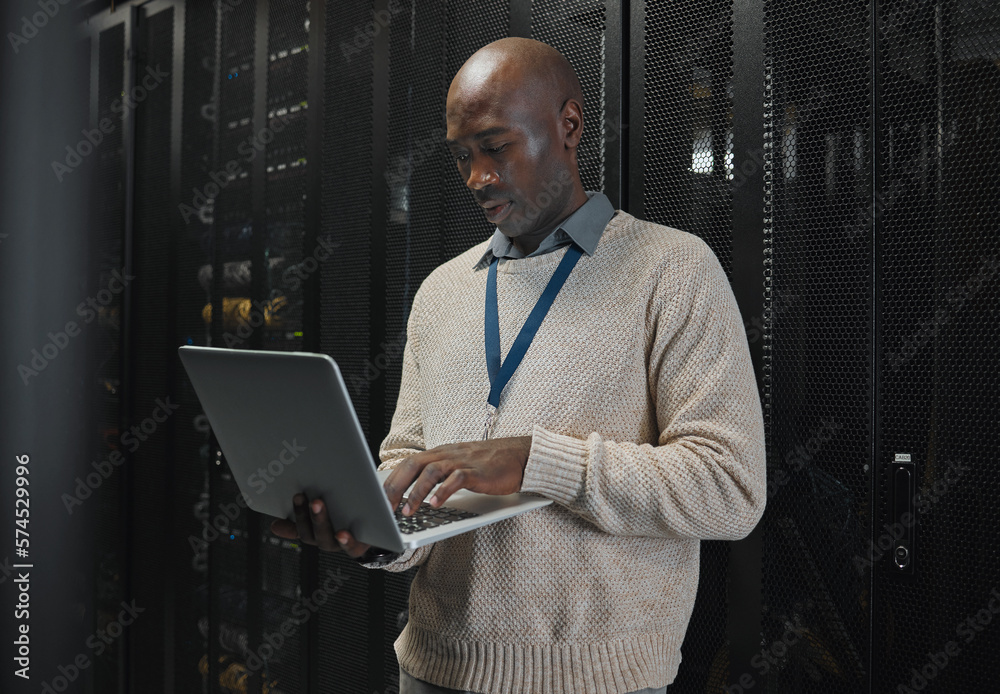 Poster Server room, laptop and black man technician with data center management, system and cybersecurity. Focus, serious and inspection of engineering or programmer person with information technology code