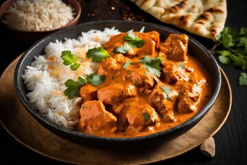 Chicken tikka masala spicy curry meat food in a clay plate with rice and naan bread and rive, GENERATIVE AI - obrazy, fototapety, plakaty