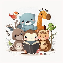 cartoon characters cute animals reading books white background, vector illustration, Made by AI, Artificial intelligence