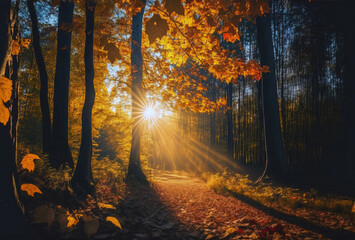 The background of the autumn path in the forest, the trees are orange and yellow. Landscape of golden autumn. The sun shines with rays through the branches, yellow leaves on the ground. AI