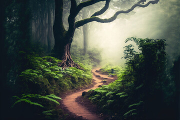 mysterious beautiful path in the summer green forest, with branchy trees, ferns and moss. ai generation