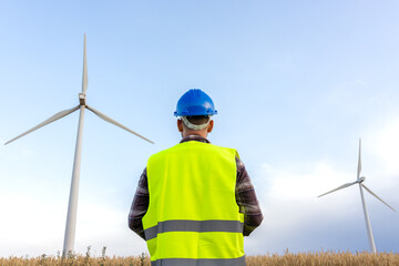 Rear view of maintenance worker wearing helmet and vest checking in wind turbine farm. Copy space.