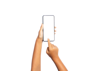 A girl's hand holds a separate smartphone on a white background, cutting the path. Content, do not let the child play with the phone too much.
