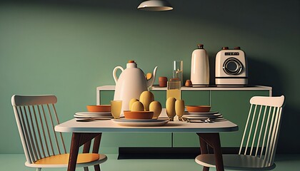 Dining table: interior, green, wall, floor, minimalistic, set, tableware, table, chairs, wood, furniture, appliance, empty, blank, nobody, no people, photorealistic, illustration, Gen. AI