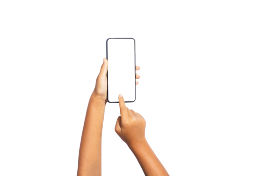 A girl's hand holds a separate smartphone on a white background, cutting the path. Content, do not let the child play with the phone too much.