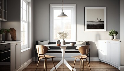 Kitchen: interior, home, dining, light, white, wood, floor, table, chairs, bench, furniture, plants, empty, blank, nobody, no people, photorealistic, illustration, Gen. AI